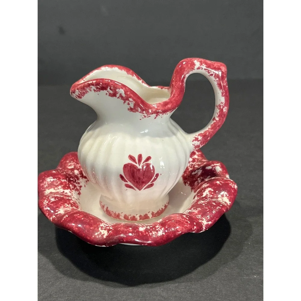 Miniature Ceramic Pitcher and Basin Set White Red Spongeware Heart Farmhouse